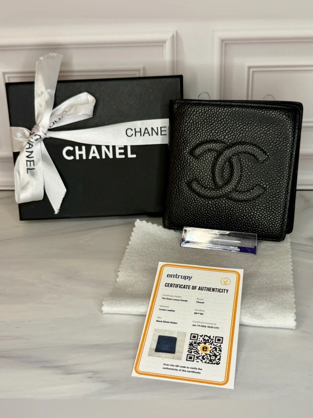 Chanel Black Caviar Leather CC Bifold Wallet Full Inclusion With Entrupy COA